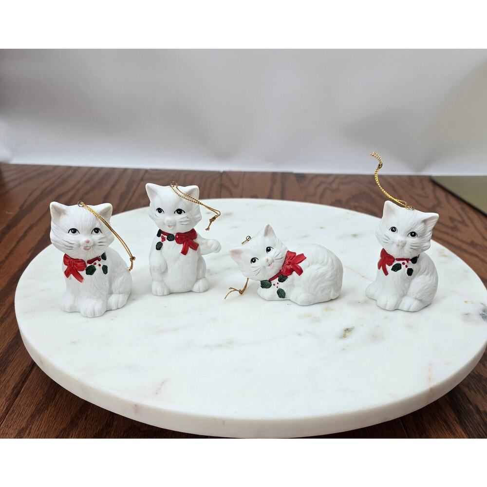 House of Lloyd Cat Christmas Ornaments – Vintage Ceramic White Kittens Set of 4